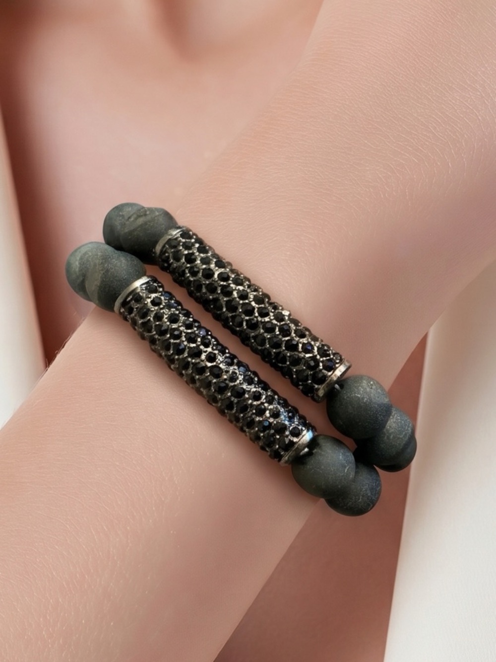 Black agate druzy beaded bracelet